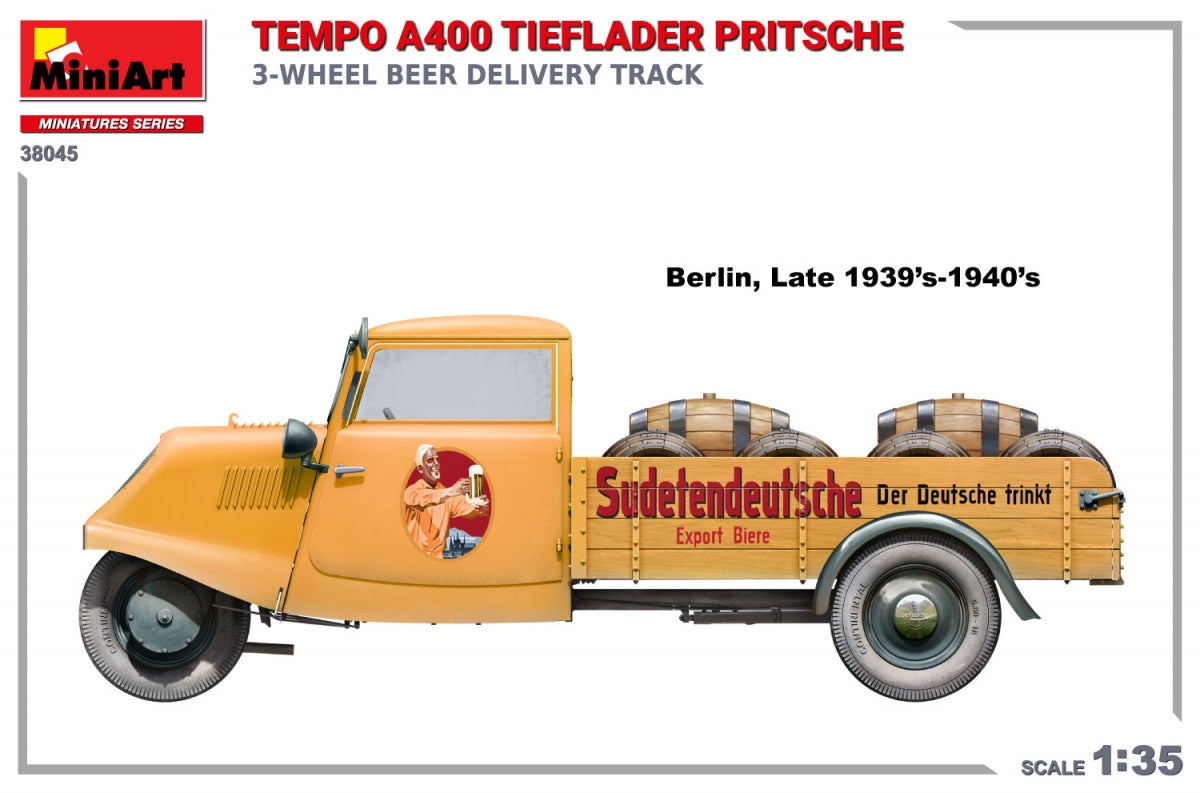 MiniArt 38045 TEMPO A400 TIEFLADER PRITSCHE 3-WHEEL BEER DELIVERY TRUCK 1/35 – zdjęcie 3