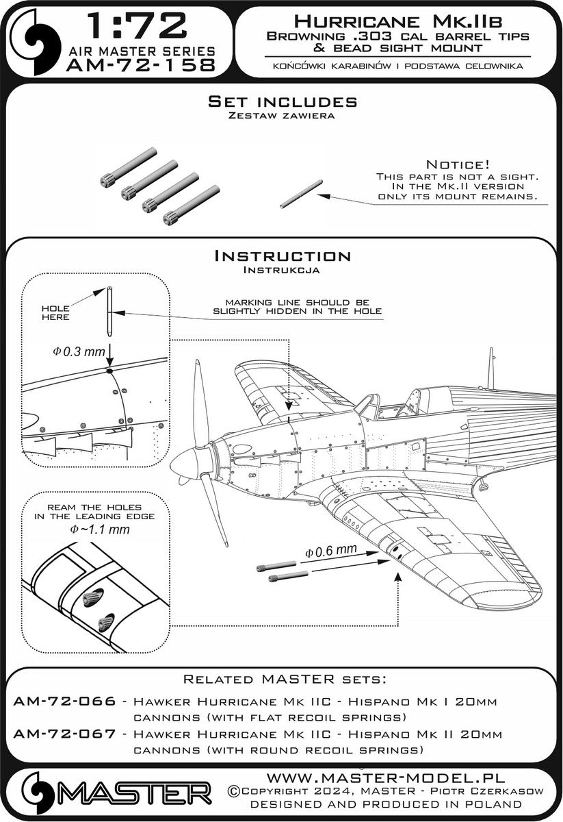 Master AM-72-158 Hawker Hurricane Mk.IIb - końcówki luf Browning .303 oraz podstawa celownika 1/72 – zdjęcie 2