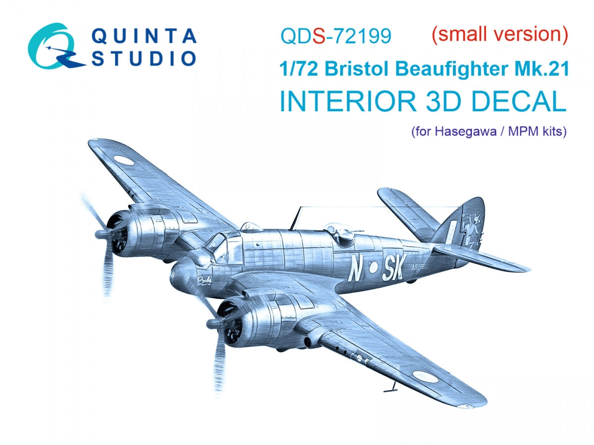 Quinta Studio QDS-72199 Bristol Beaufighter Mk.21 3D-Printed & coloured Interior on decal paper (Hasegawa/MPM) (small version) 1/72