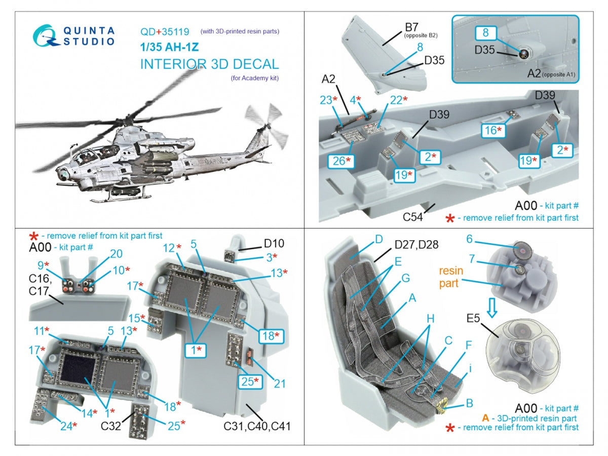 Quinta Studio QD+35119 AH-1Z 3D-Printed colored Interior on decal paper (Academy) (with 3D-printed resin parts) 1/35 – image 2