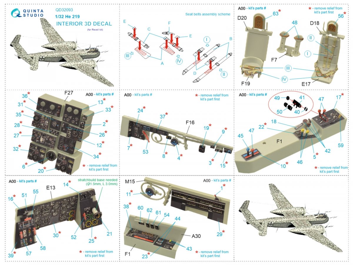 Quinta Studio QD32093 He 219 3D-Printed &amp;amp; coloured Interior on decal paper ( Revell ) 1/32 – zdjęcie 2