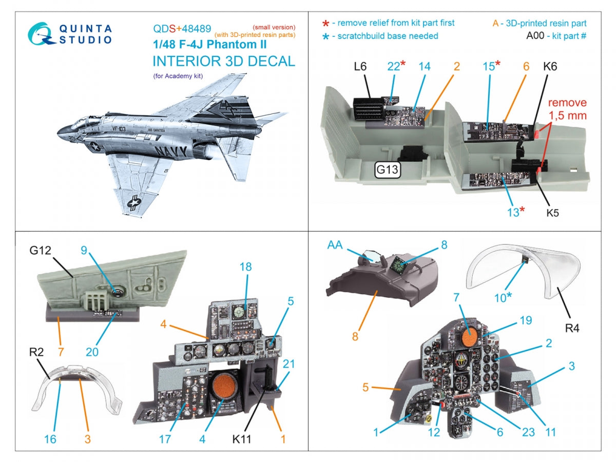 Quinta Studio QDS+48489 F-4J Phantom II 3D-Printed &amp;amp; coloured Interior on decal paper (Academy) (Small version) (with 3D-printed resin parts) 1/48 – zdjęcie 3