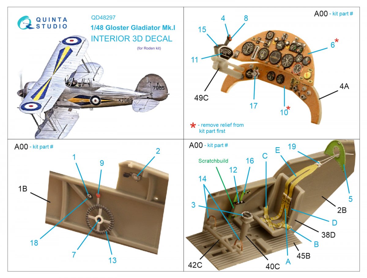 Quinta Studio QD48297 Gloster Gladiator MKI 3D-Printed &amp;amp; coloured Interior on decal paper (Roden) 1/48 – zdjęcie 2