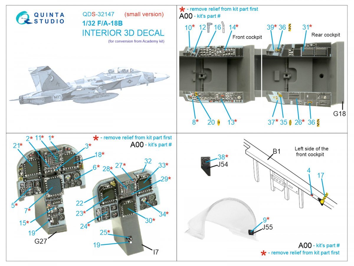 Quinta Studio QDS-32147 F/A-18B Early 3D-Printed &amp;amp; coloured Interior on decal paper (Academy) (Small version) 1/32 – zdjęcie 12