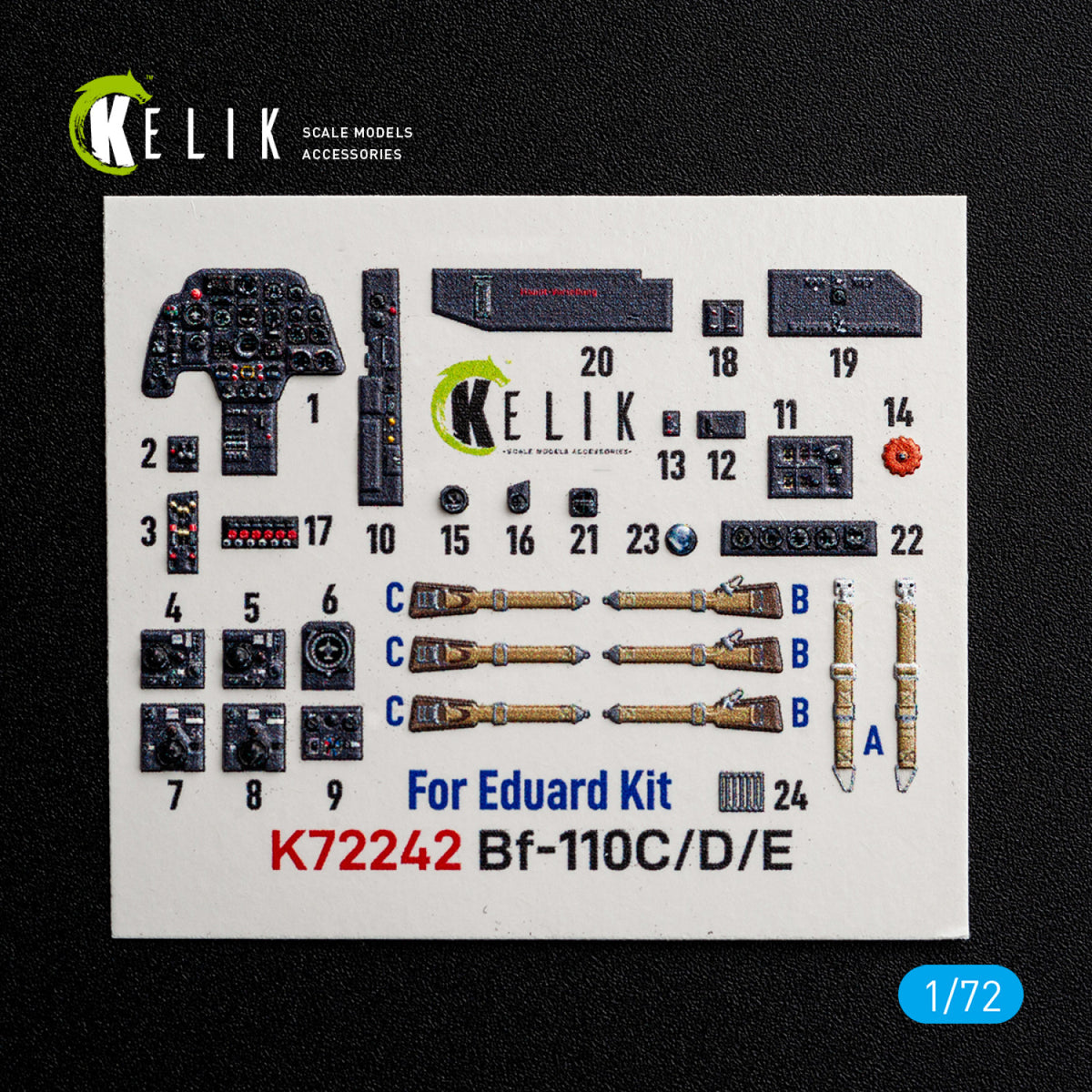 KELIK K72242 Messerschmitt Bf-110 C / D / E - Interior 3D Decals (for Eduard Kits) 1/72