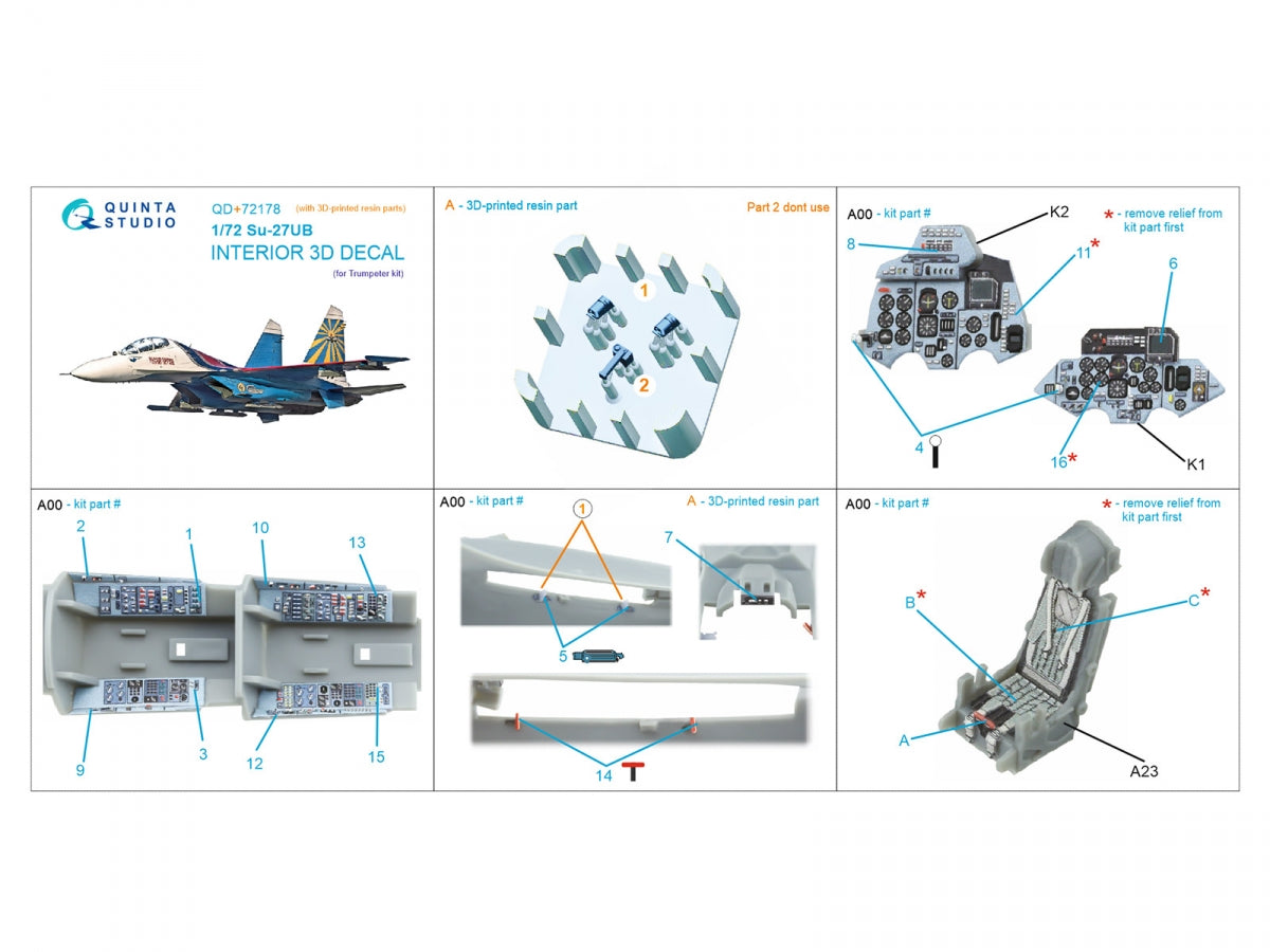 Quinta Studio QD+72180 Su-33 3D-Printed &amp;amp; coloured Interior on decal paper (Trumpeter) (with 3D-printed resin part) 1/72 – zdjęcie 3