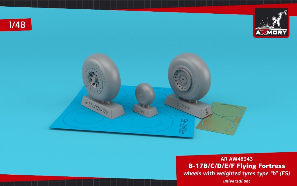 Armory Models AW48343 B-17B/C/D/E/F Flying Fortress wheels w/ weighted tyres type “b” (FS) &amp;amp; PE hubcaps 1/48