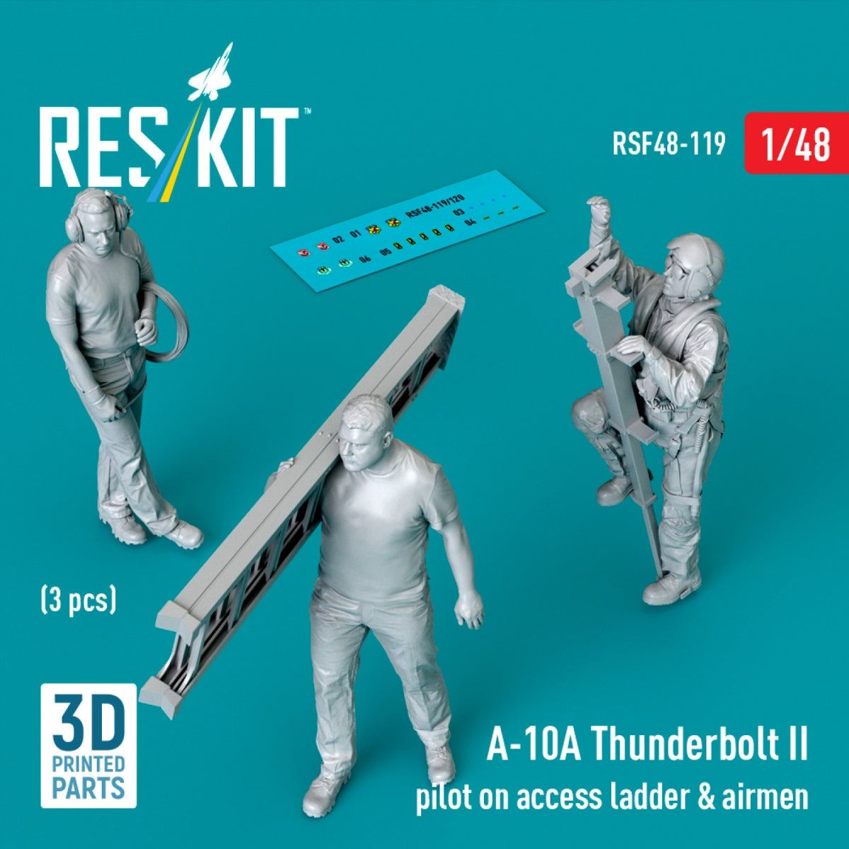 RESKIT RSF48-0119 A-10A Thunderbolt II pilot on access ladder & airmen (3 pcs) (3D Printed) 1/48