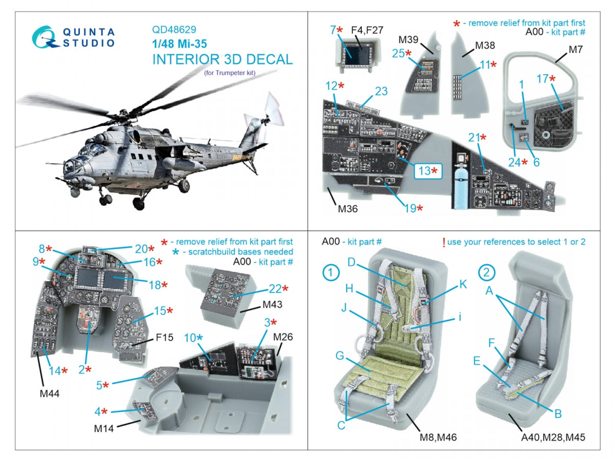 Quinta Studio QD48629 Mi-35 3D-Printed &amp; coloured Interior on decal paper (Trumpeter) 1/48