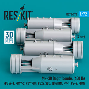 RESKIT RS72-0572 Mk-38 Depth bombs (650 lb) (4 pcs) (PB4Y-1, PB4Y-2, PBY/PBN, PB2Y, SBD, TBF/TBM, PV-1, PV-2, PBM) (3D Printed) 1/72
