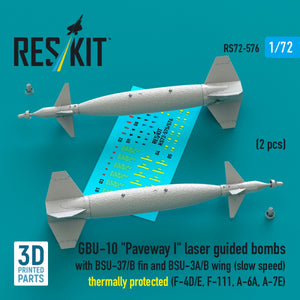 RESKIT RS72-0576 GBU-10 "Paveway I" laser guided bombs with BSU-37/B fin and BSU-3A/B wing (slow speed) thermally protected (2 pcs) (3D Printed) 1/72