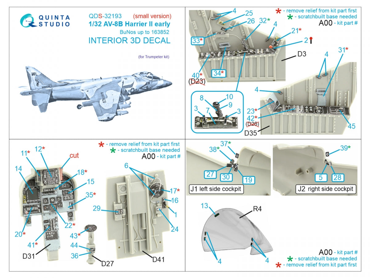 Quinta Studio QDS-32193 AV-8B Harrier II early 3D-Printed &amp;amp; coloured Interior on decal paper (Trumpeter) (small) 1/32 – zdjęcie 2