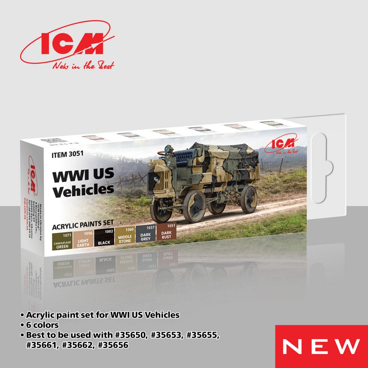 ICM 3051 Acrylic paints set for WWI US Vehicles 12 ml х 6