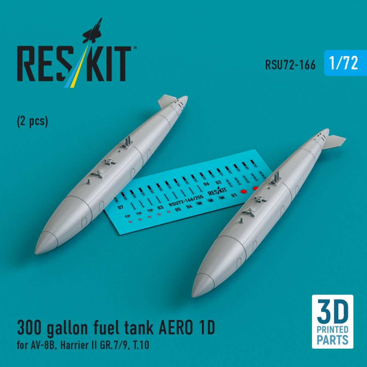 Réservoir de carburant RESKIT RSU72-0166 de 300 gallons AERO 1D pour AV-8B, Harrier II GR.7/9, T.10 (2 pièces) (Impression 3D) 1/72