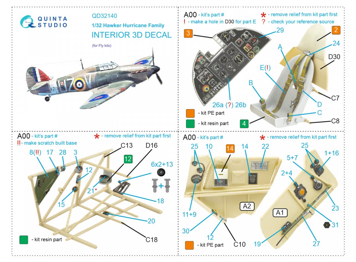 Quinta Studio QD32140 Hawker Hurricane Family 3D-Printed &amp;amp; colored Interior on decal paper (Fly) 1/32 – image 12