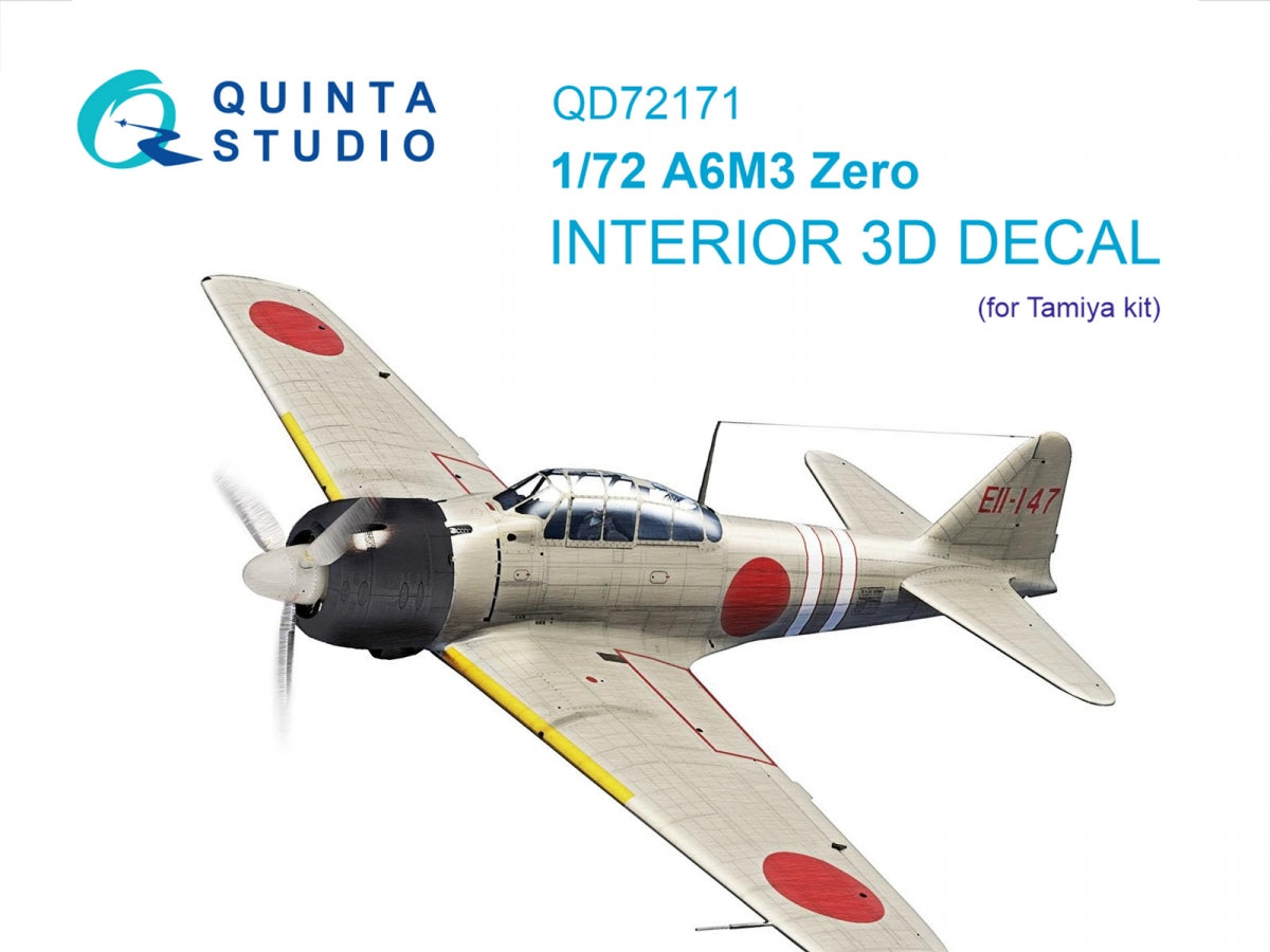 Quinta Studio QD72171 A6M3 Zero 3D-Printed & coloured Interior on decal paper (Tamiya) 1/72
