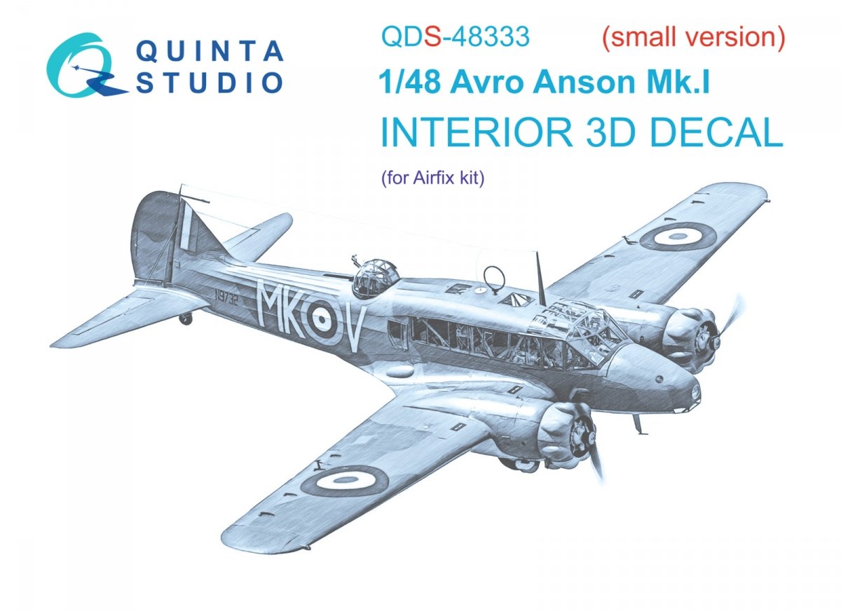 Quinta Studio QDS-48333 Avro Anson Mk.I 3D-Printed & coloured Interior on decal paper (Airfix) (Small version) 1/48