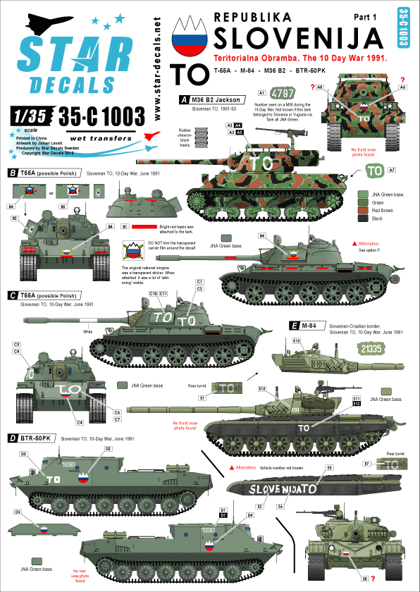 Star Decals 35-C1003 TO (Territorial Border). M36B2 Jackson. T-55A (Polish), T-55A (Russian), M-84, BTR-50PK 1/35