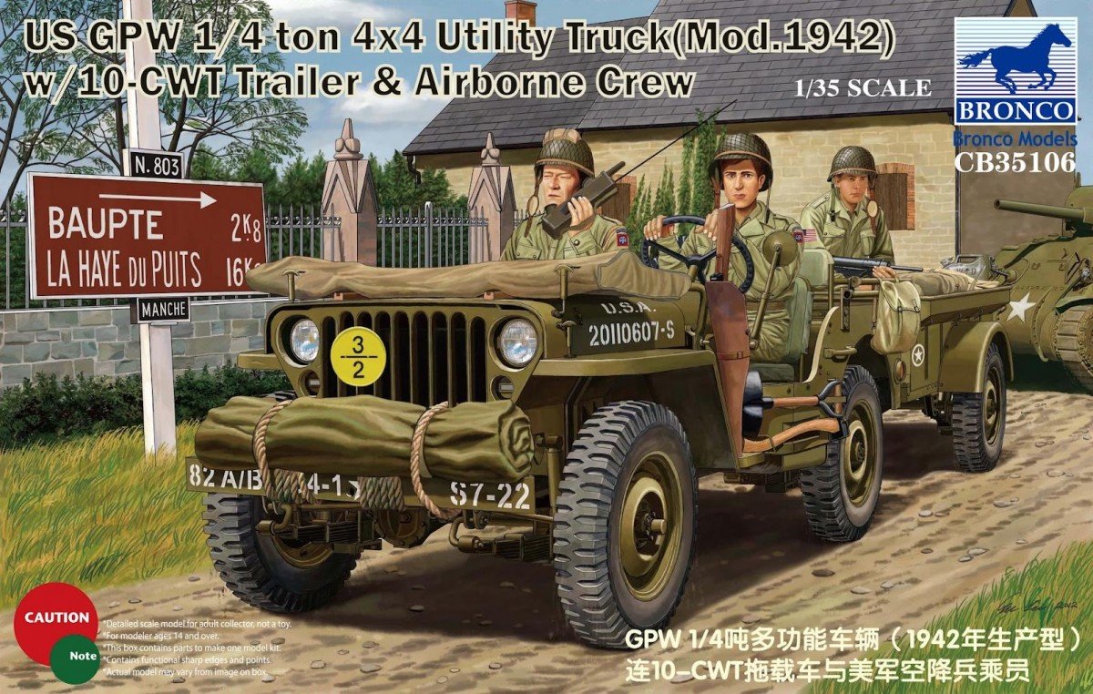 Bronco CB35106 US GPW 1/4 ton 4x4 Utility Truck Mod.1942 w/10-CWT Trailer & Airborne Crew 1/35