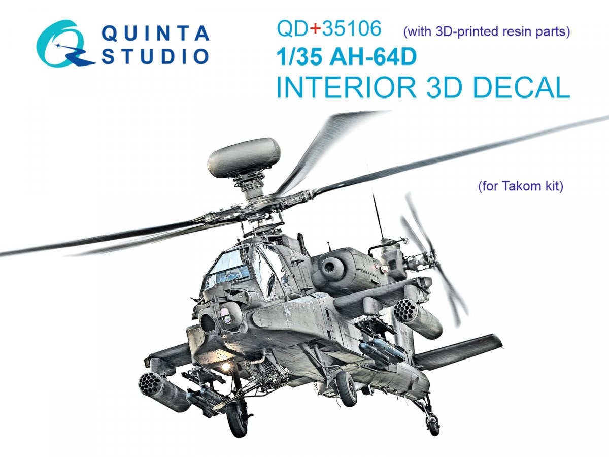 Quinta Studio QD+35106 AH-64D 3D-Printed &amp;amp; colored Interior on decal paper (Takom) (with 3D-printed resin parts) 1/35