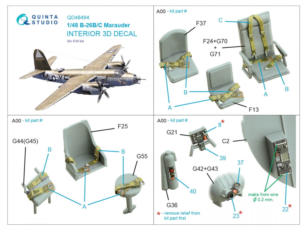 Quinta Studio QD48494 B-26B/C Marauder 3D-Printed colored Interior on decal paper (ICM) 1/48 – image 2