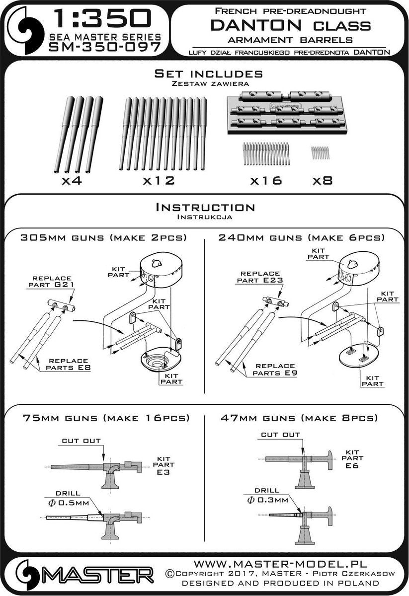 Master SM-350-097 Lufy dział francuskiego predrednota Danton - 305mm (4 szt.), 240mm (12 szt.), 75mm (16 szt.), 47mm (8 szt.) 1/350 – zdjęcie 4