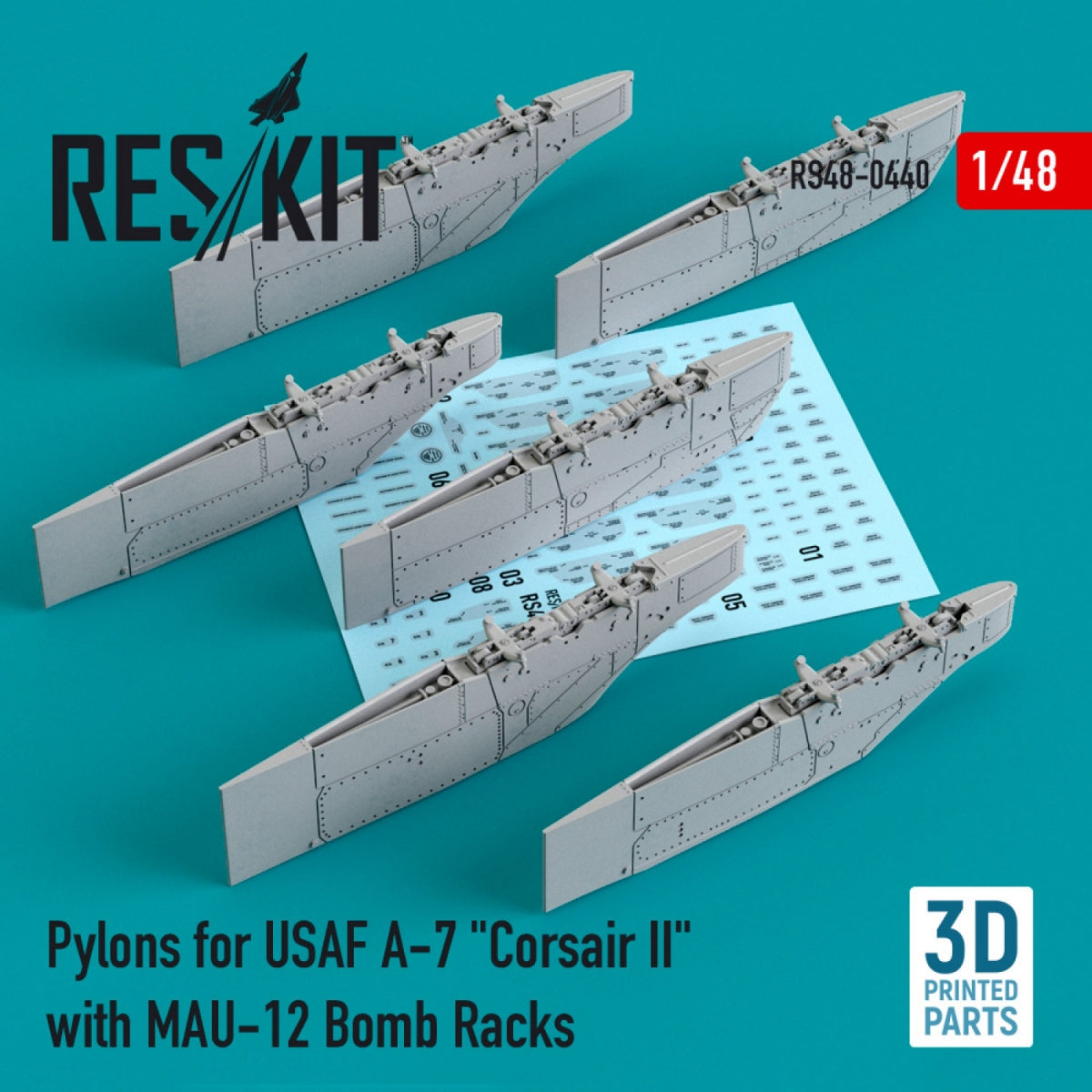 RESKIT RS48-0440 PYLONS FOR USAF A-7 &amp;quot;CORSAIR II&amp;quot; WITH MAU-12 BOMB RACKS (3D PRINTED) 1/48