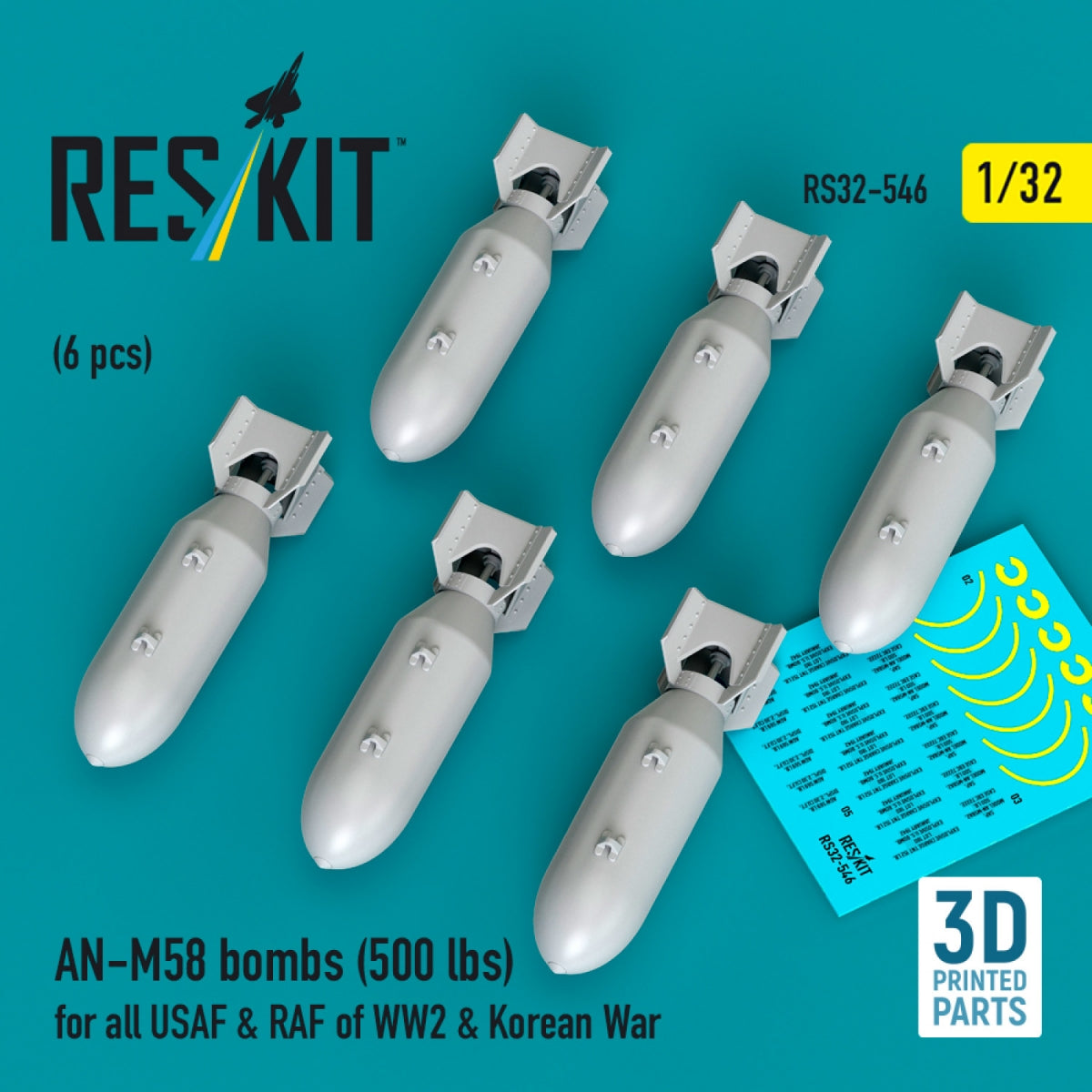 RESKIT RS32-0546 AN-M58 bombs (500 lbs) for all USAF & RAF of WW2 & Korean War (6 pcs) (3D Printed) 1/32