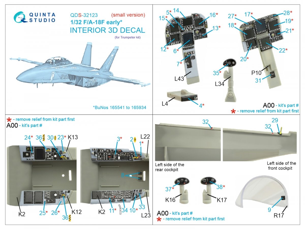 Quinta Studio QDS-32123 F/A-18F early 3D-Printed &amp;amp; coloured Interior on decal paper (Trumpeter) (Small version) 1/32 – zdjęcie 7
