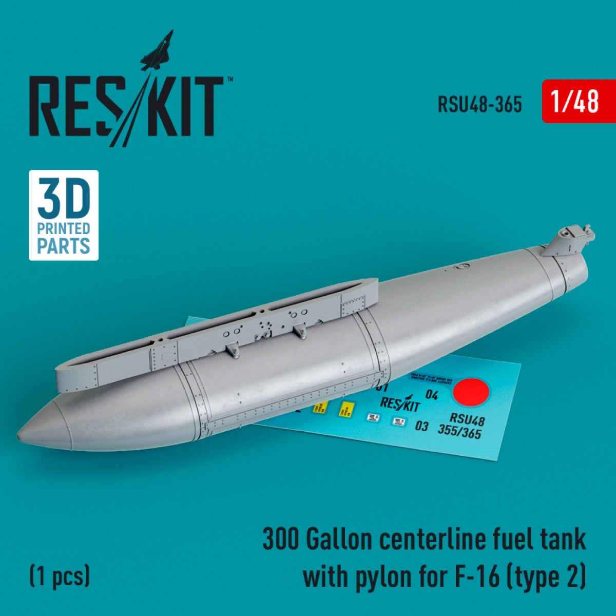 Réservoir de carburant central RESKIT RSU48-0365 de 300 gallons avec pylône pour F-16 (type 2) (1 pièce) (Impression 3D) 1/48