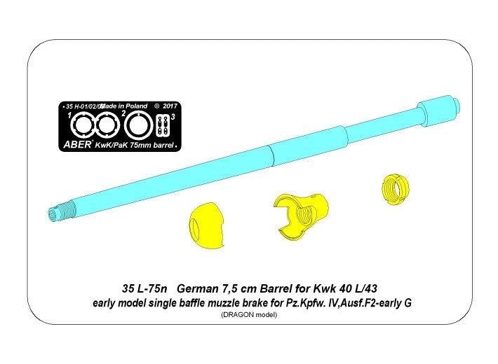 Aber 35L-075N 75mm KwK40L/43 barrel with muzzle brake for German Panzer IV Ausf. F2 tanks - early G 1/35 – image 2