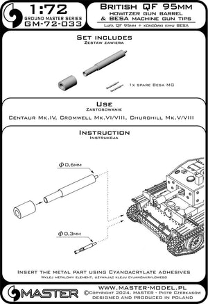Master GM-72-033 Brytyjska haubica QF 95mm + końcówki km-u Besa - Centaur Mk.IV, Cromwell Mk.VI/VIII, Churchill Mk.V/VIII i inne 1/72 – zdjęcie 8
