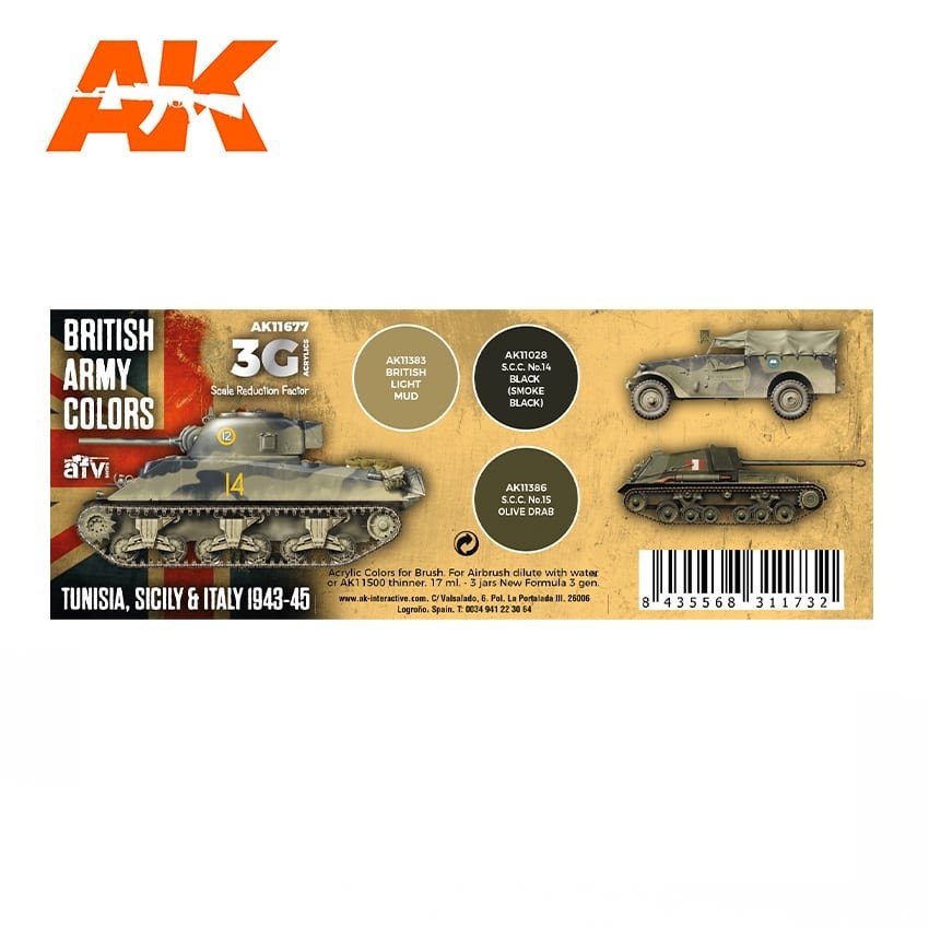 AK Interactive AK11677 3G BRITISH ARMY COLORS: TUNISIA, SICILY &amp;amp; ITALY 1943-1945 3x17 ml – zdjęcie 2