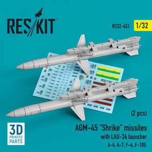 RESKIT RS32-0451 AGM-45 &amp;quot;SHRIKE&amp;quot; MISSILES WITH LAU-34 LAUNCHER (2 PCS) (3D PRINTED) 1/32