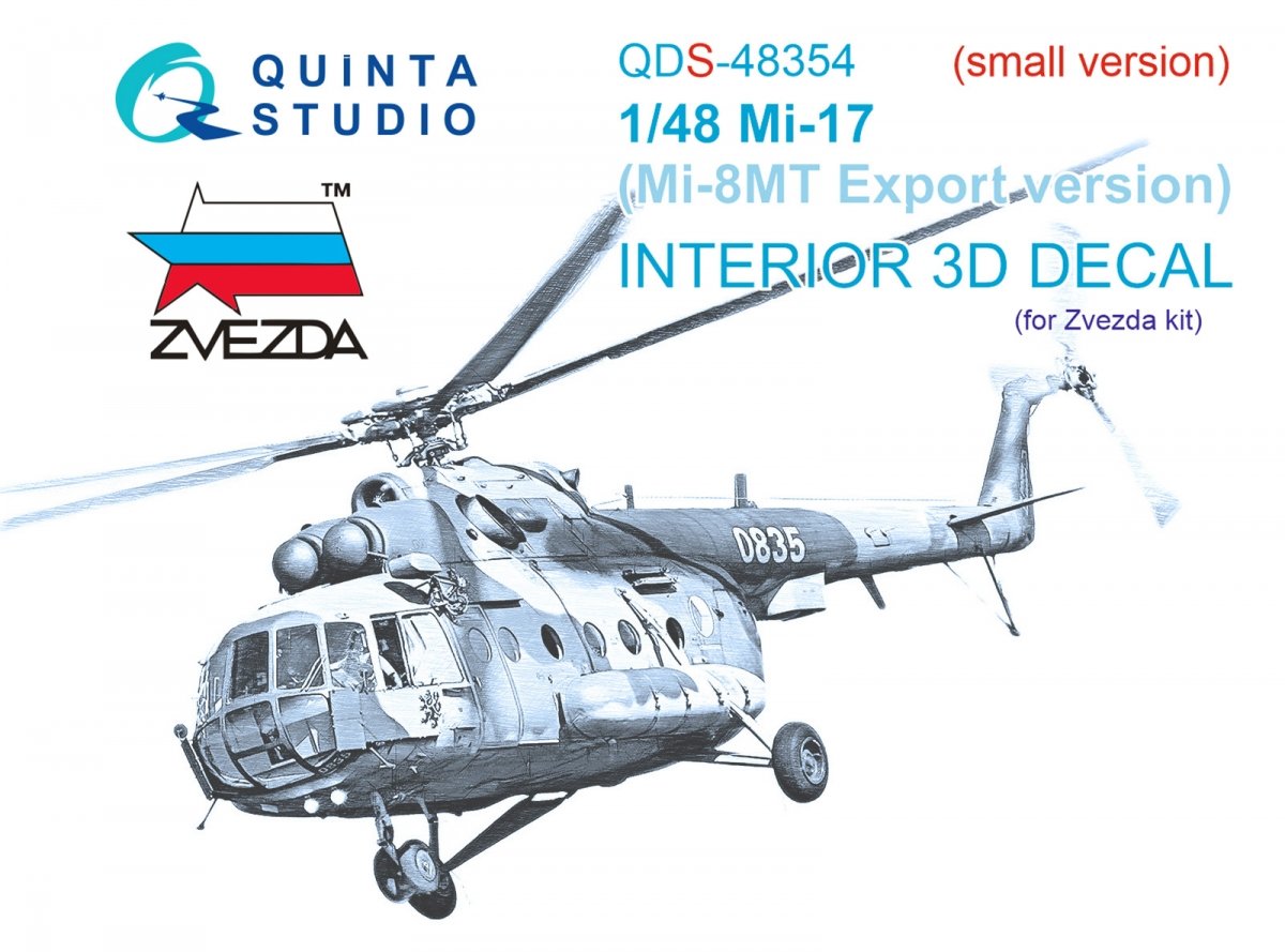 Quinta Studio QDS-48354 Mi-17 (Mi-8MT Export version) 3D-Printed &amp;amp; colored Interior on decal paper (Zvezda) (Small version) 1/48