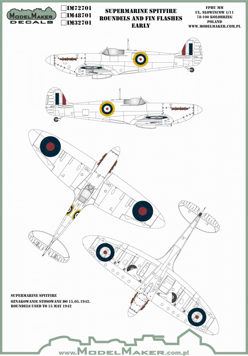 Décalcomanies ModelMaker IM48701 Cocardes et bandes de dérive pour Supermarine Spitfire - PREMIÈRE VERSION 1/48