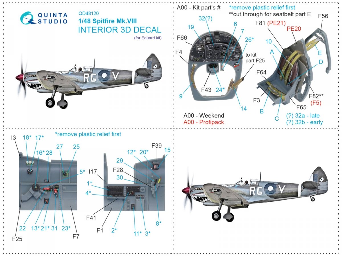 Quinta Studio QD48120 Spitfire Mk.VIII 3D-Printed &amp;amp; coloured Interior on decal paper (Eduard) 1/48 – zdjęcie 12