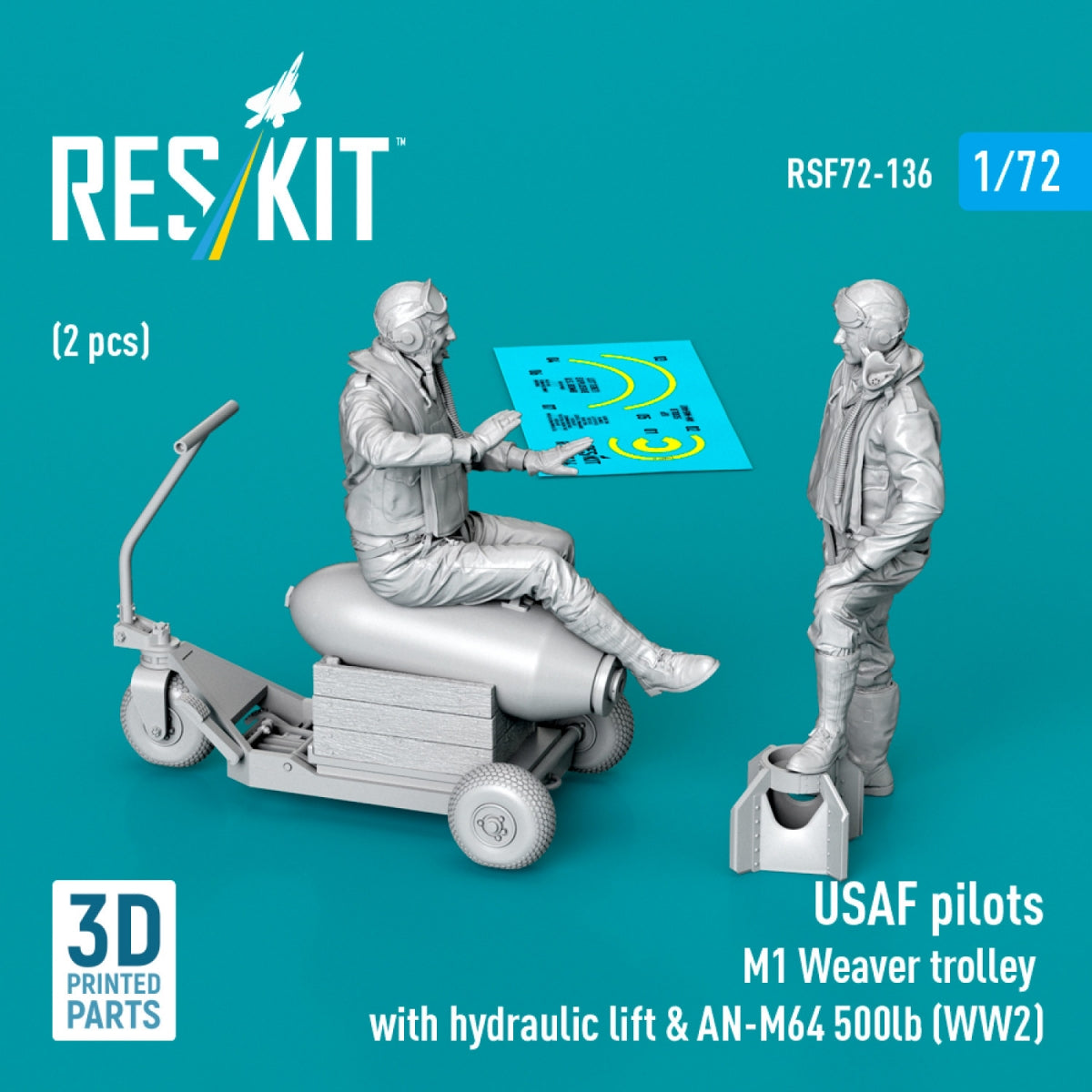 RESKIT RSF72-0136 USAF pilots (2pcs) & M1 Weaver Hydraulic bomb lift & AN-M64 500lb (WW2) (3D Printed) 1/72