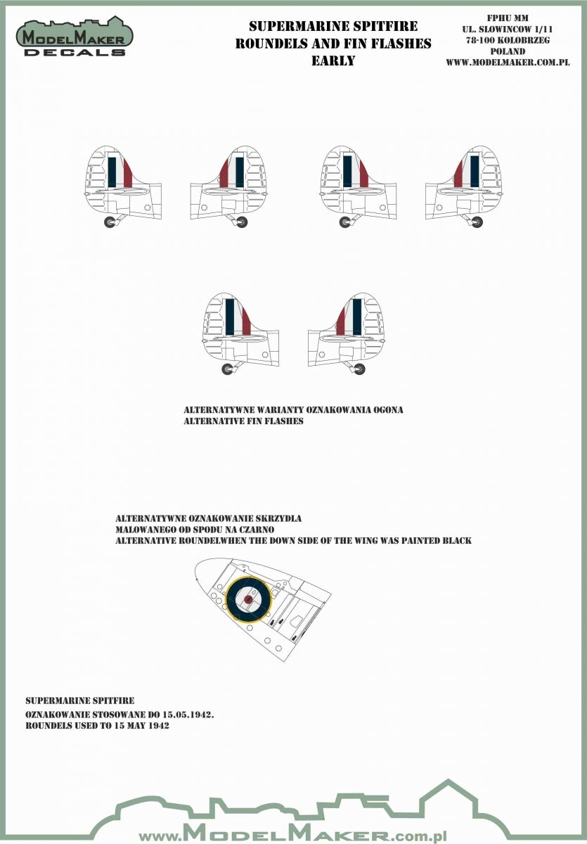 ModelMaker Decals IM48701 Supermarine Spitfire roundels and fin flashes - EARLY 1/48 – zdjęcie 2
