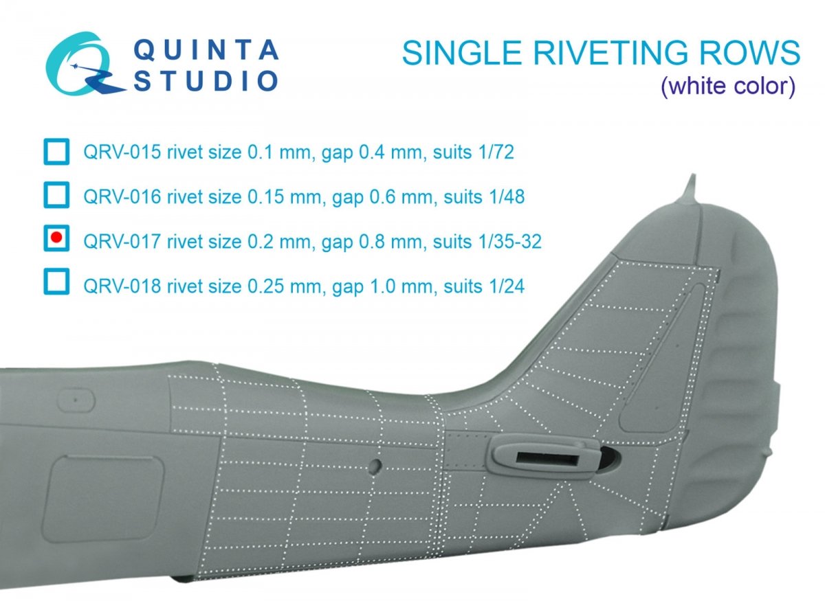Quinta Studio QRV-017 Single riveting rows (rivet size 0.20 mm, gap 0.8 mm, suits 1/32 scale), White color, total length 5.8 m/19 ft