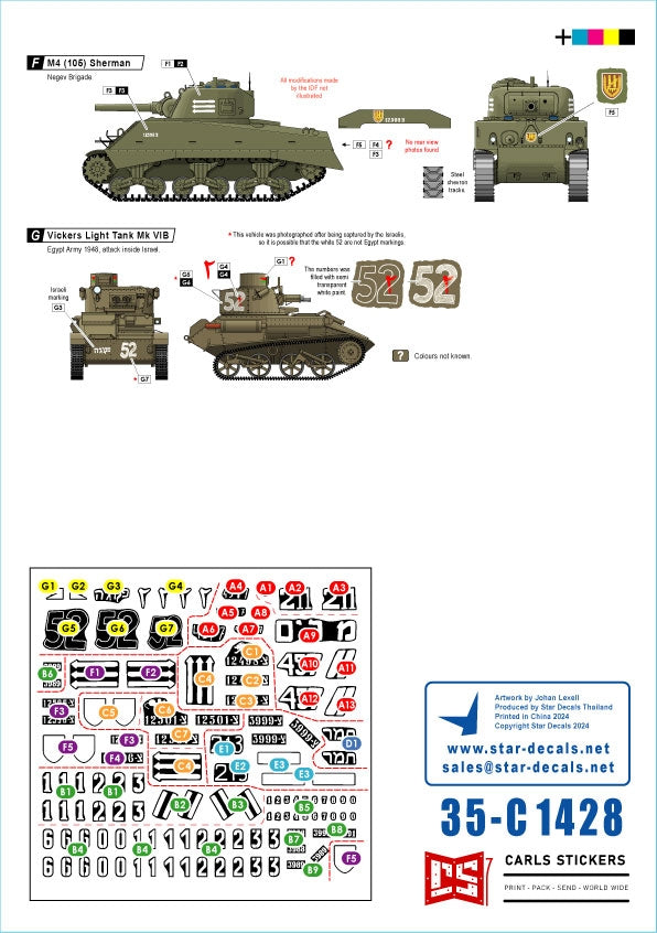 Star Decals 35-C1428 Early IDF markings # 2. Israeli armoured cars and AFVs in 1948-49. Sherman 75mm, Sherman 105mm, Cromwell Mk IVF, Hotchkiss 39 H, Vickers Light Tank Mk VI B. 1/35 – zdjęcie 3