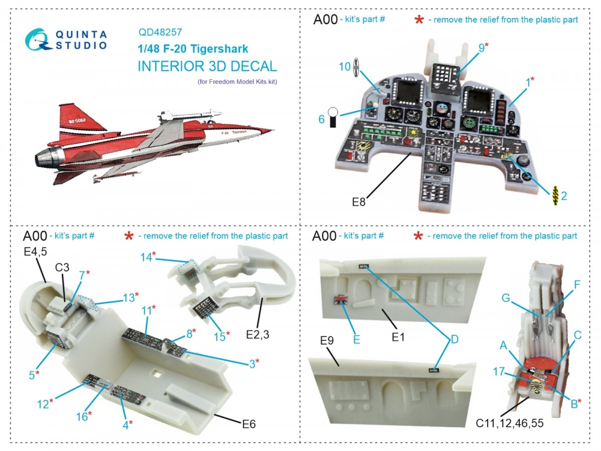 Quinta Studio QD48257 F-20 Tigershark 3D-Printed &amp;amp; colored Interior on decal paper (Freedom Model) 1/48 – image 2