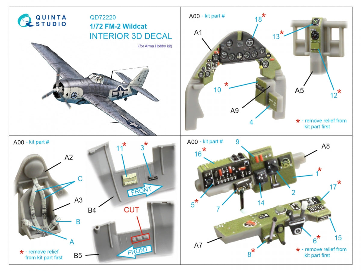 Quinta Studio QD72220 FM-2 Wildcat 3D-Printed &amp; coloured Interior on decal paper (Arma Hobby) 1/72