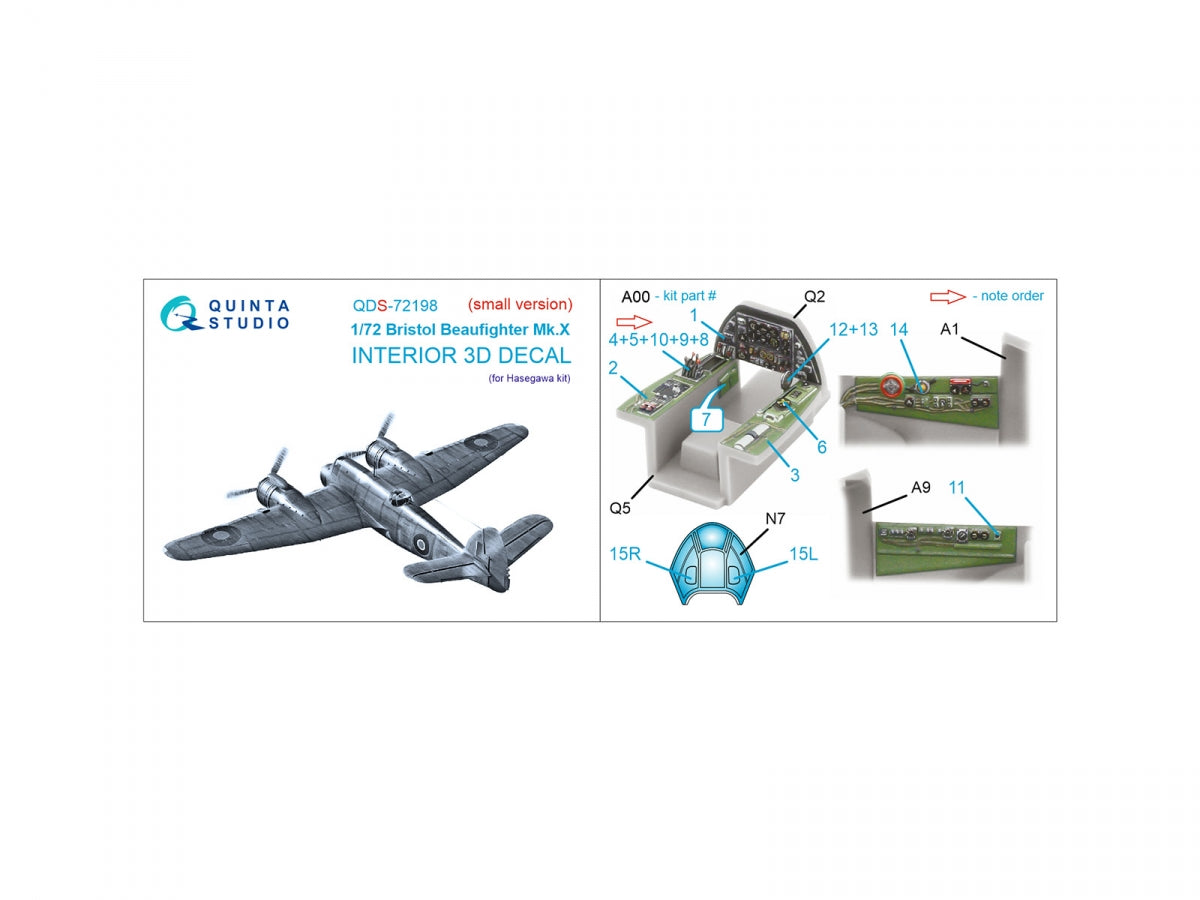 Quinta Studio QDS-72198 Bristol Beaufighter Mk.X 3D-Printed &amp;amp; coloured Interior on decal paper (Hasegawa) (small version) 1/72 – immagine 2