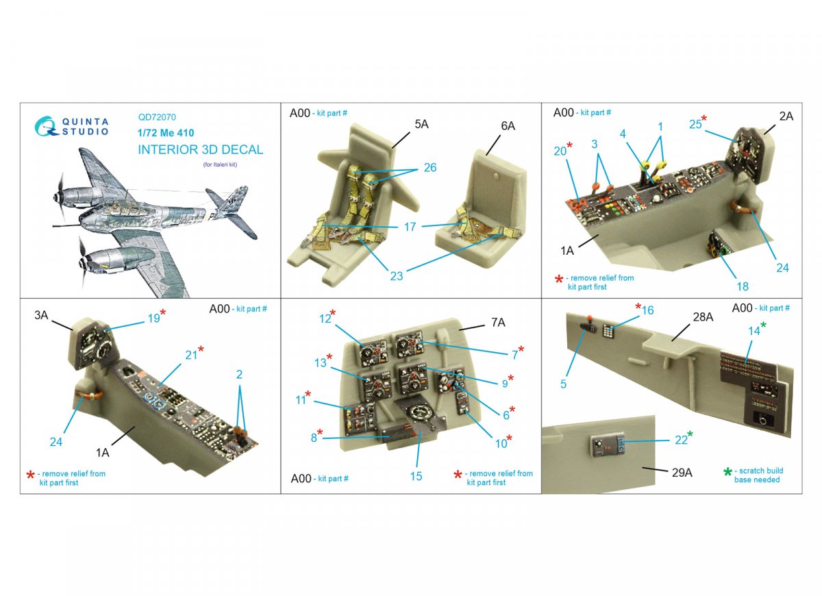 Quinta Studio QD72070 Me 410 3D-Printed &amp;amp; coloured Interior on decal paper (Italeri) 1/72 – zdjęcie 2