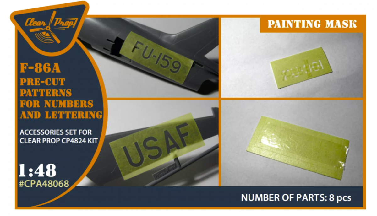 Clear Prop! CPA48068 F-86A pre-cut patterns for numbers and letteringpainting mask on &amp;quot;yellow kabuki paper&amp;quot; for CP4824 kit 1/48