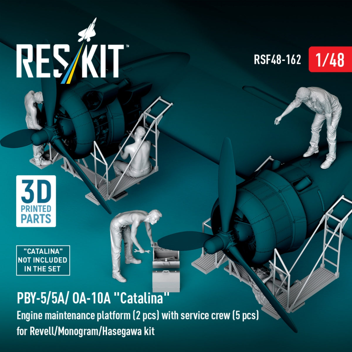 RESKIT RSF48-0162 PBY-5/5A/ OA-10A "Catalina" Engine maintenance platform (2 pcs) with service crew (5 pcs) for Revell/Monogram/Hasegawa kit (3D Printed) 1/48