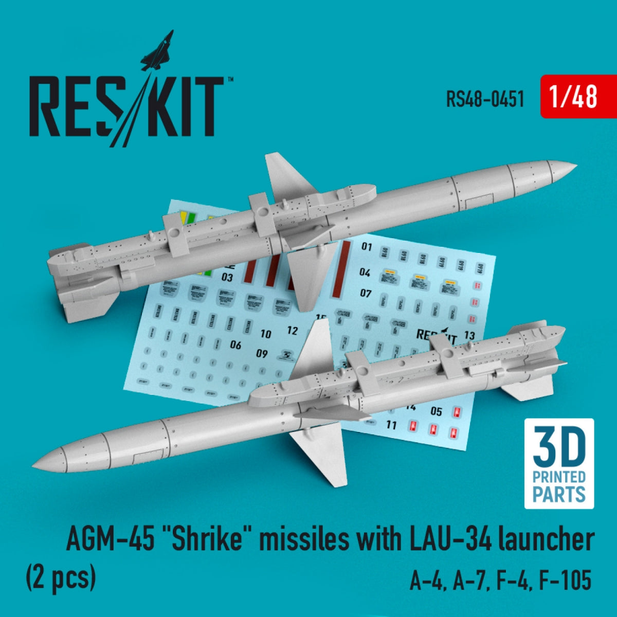 RESKIT RS48-0451 AGM-45 "SHRIKE" MISSILES WITH LAU-34 LAUNCHER (2 PCS) (3D PRINTED) 1/48