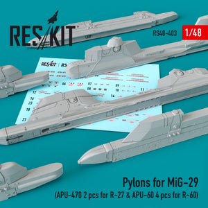 RESKIT RS48-0403 PYLONS FOR MIG-29 (APU-470 2 PCS FOR R-27 &amp;amp; APU-60 4 PCS FOR R-60) 1/48