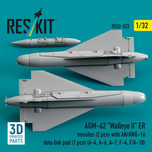 RESKIT RS32-0533 AGM-62 "Walleye II" ER missiles (2 pcs) with AN/AWG-16 data link pod (1 pcs) (A-4, A-6, A-7, F-4, F/A-18) (3D Printed) 1/32